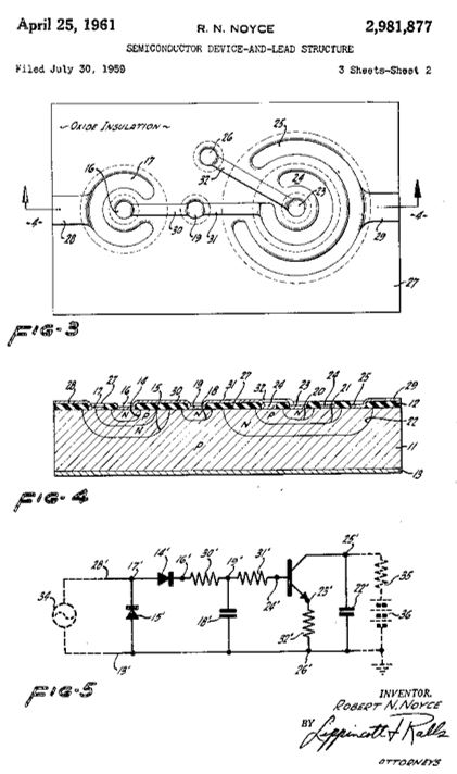諾易斯在1959年提出積體電路專利，於1961年獲證。合理使用圖片來源：維基百科