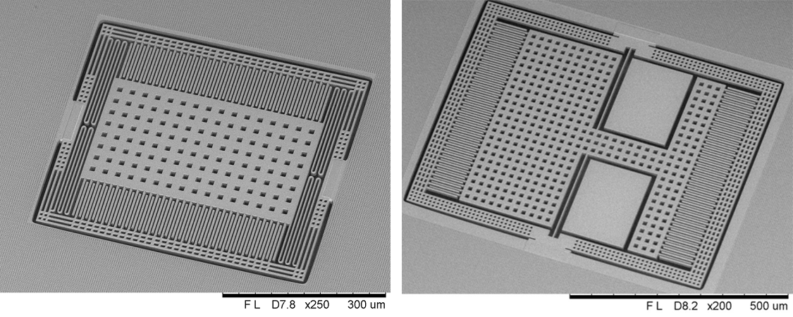 圖二、(左)X,Y軸，(右)Z軸加速度感測器微結構之電子顯微鏡照片