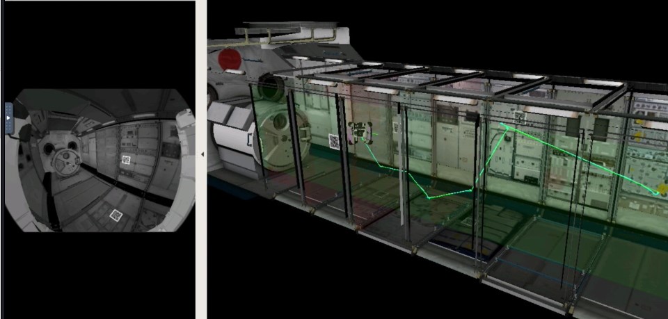 圖1：「KIBO機器人程式設計挑戰賽」模擬畫面，左圖為機器人觀景窗，右圖為機器人飛行路徑軌跡圖。